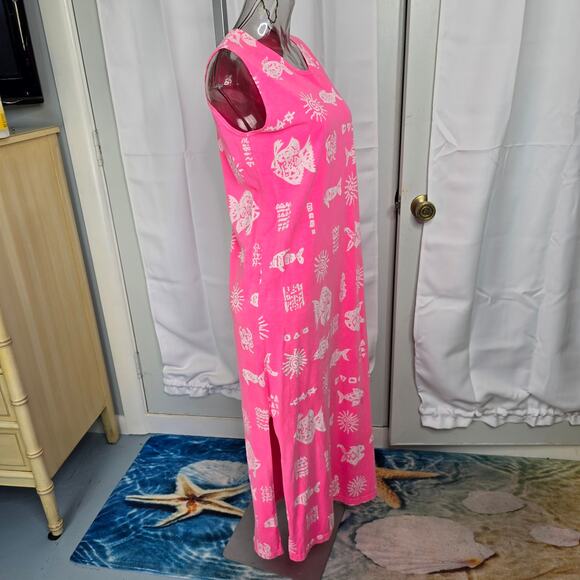 90s Mayan Fish Pink Beach Dress Cruise Loungewear Cotton Vintage Size M - Picture 3 of 9